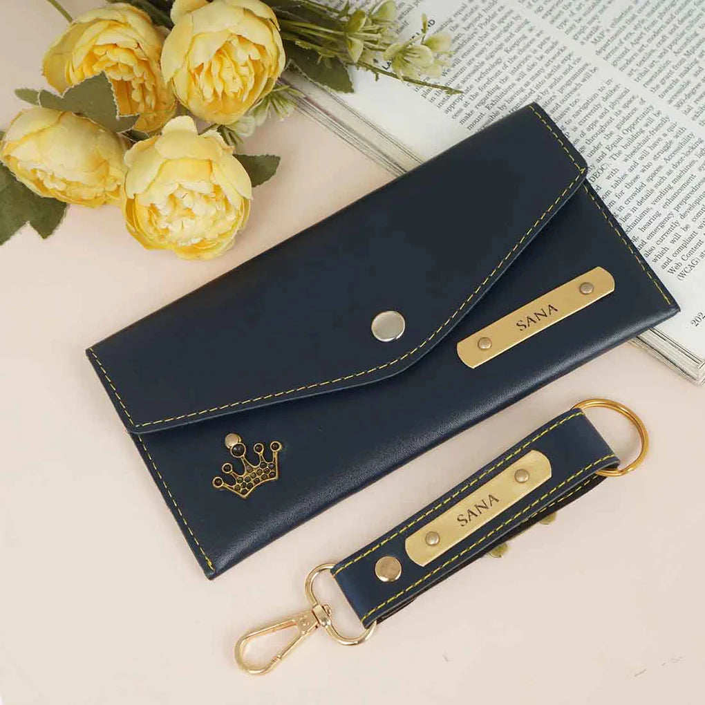 Personalised Gift Combo of Women's Clutch and Leather keychain