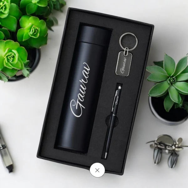 Personalized 3-in-1 Gift Set Stainless Steel Water Bottle with Metal Key Chain & Pen for School, Office, Home