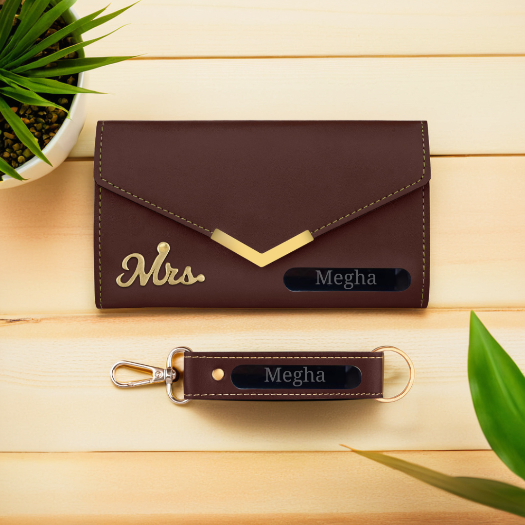 Personalised Gift Combo of Women's Clutch and Leather keychain