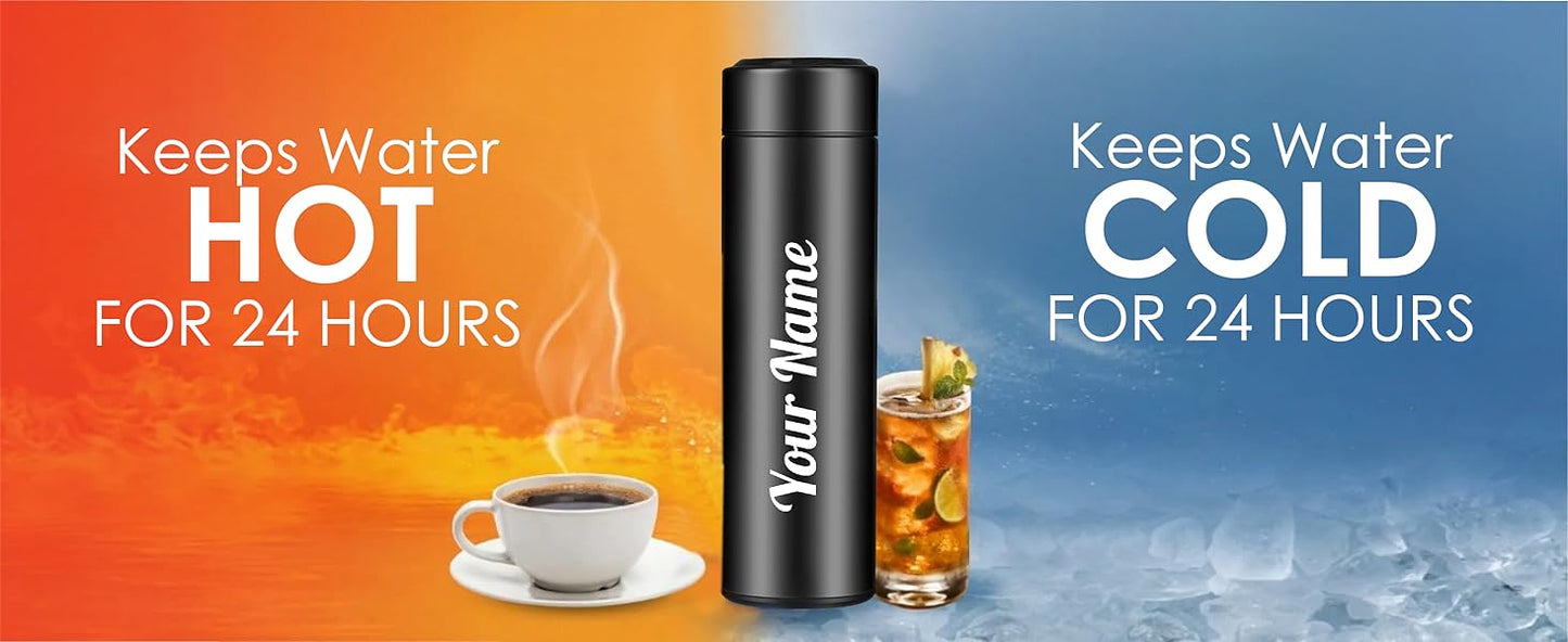Name Printed Stainless Steel Bottle | Vacuum Insulated Bottle with Tea Filter | 500 ML | Easy to Carry | Leakproof Personalized Gift Flask | Permanent Printing