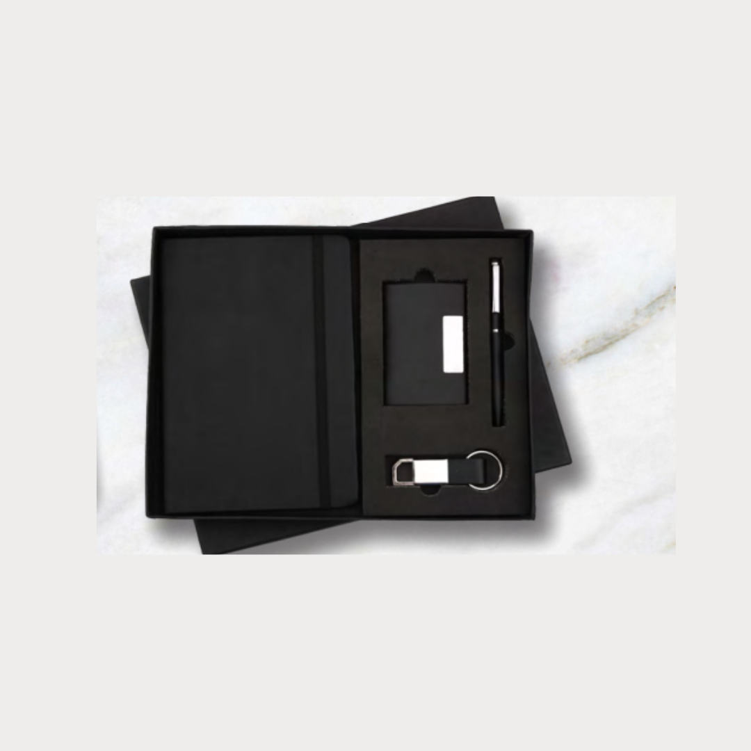 Custom Engraved Black Gift Set | Personalized Diary, Pen, Card Holder & Keychain