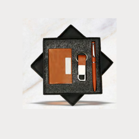 Custom Engraved Tan Leatherette Gift Set | Personalized Card Holder, Pen & Keychain