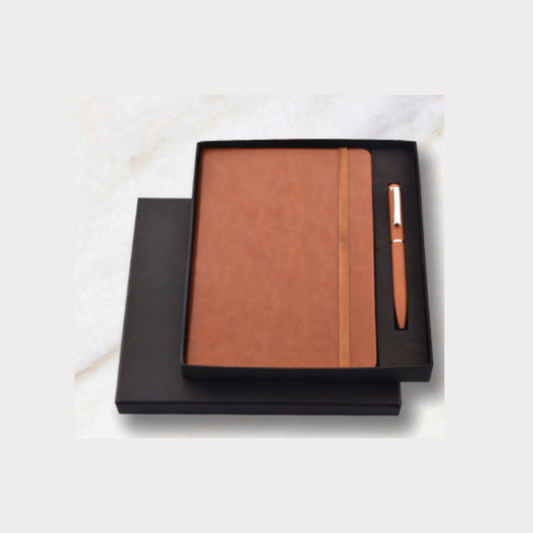 Customized Tan Leatherette Diary & Pen Set | Engraved Corporate Gift
