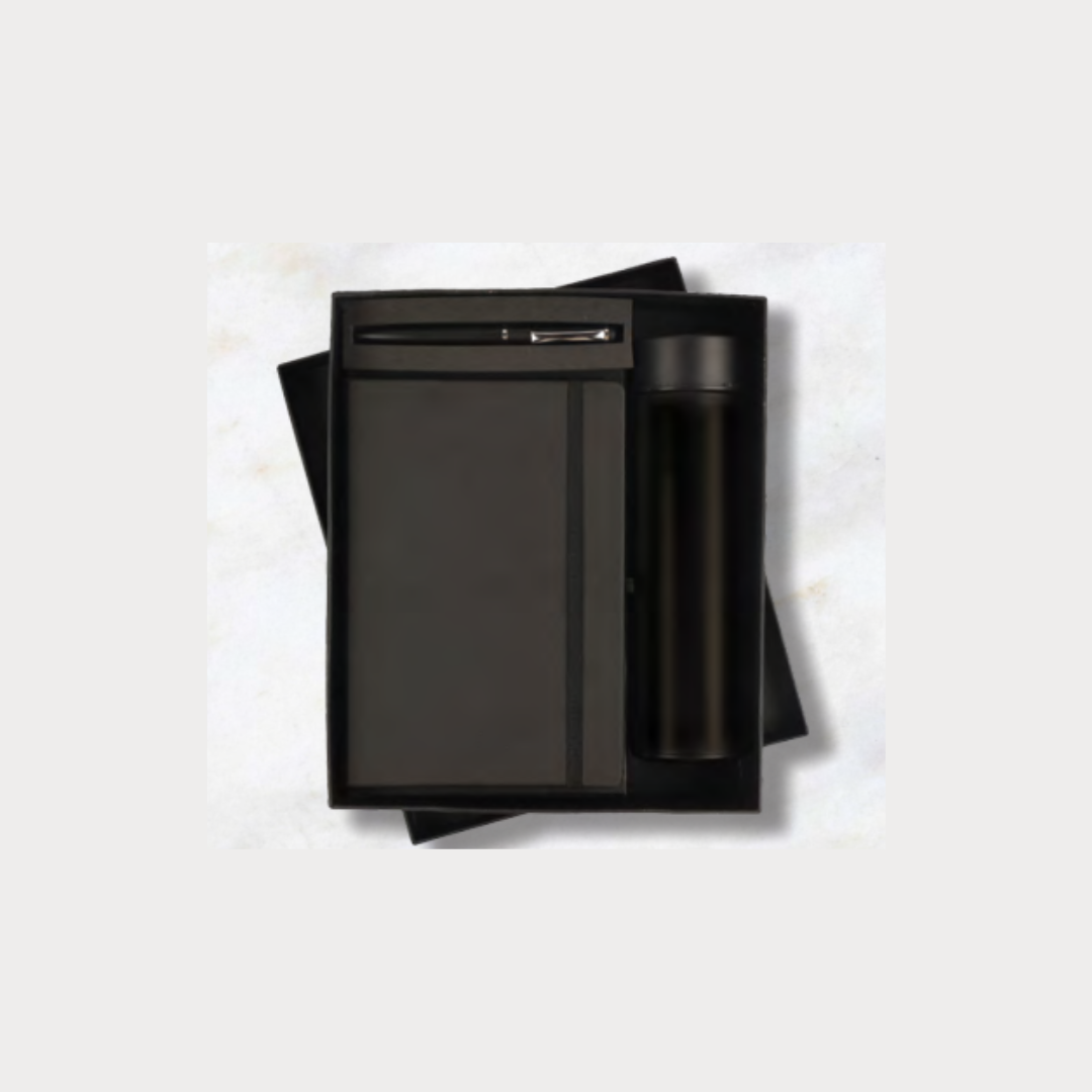 Custom Engraved Executive Black Gift Set | Personalized Temperature Bottle, Pen & Notebook
